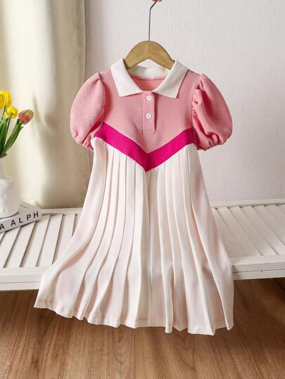 SHEIN Playful Pals 年轻女孩优雅学院风百搭连衣裙，拼色 Polo 领泡泡袖及膝褶边下摆，适合夏季、秋季、学校、宴会、表演和颁奖典礼泡泡袖儿童连衣裙儿童复古连衣裙年轻女孩优雅连衣裙年轻女孩粉色、假日、夏季、旅行