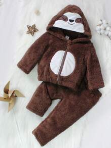 Set de 2 piezas de ropa de estar en casa informal para bebés niños con pantalón largo marrón de felpa y top de manga larga