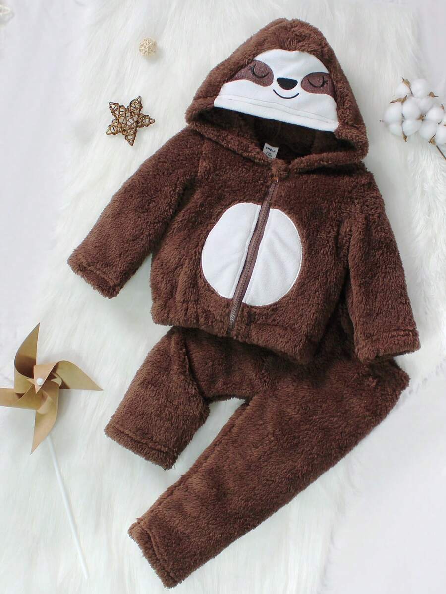 Set de 2 piezas de ropa de estar en casa informal para bebés niños con pantalón largo marrón de felpa y top de manga larga