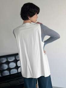 FRIFUL Women Summer Solid Color Front Tie Pleated Sleeveless Loose Shirt - White - View 5