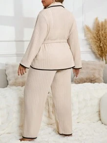 Plus Size Knitted Ribbed Long Sleeve Robe Set