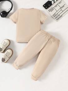 Baby Boy Multicolor Stitching Casual Versatile Short-Sleeved Trousers Suit - Apricot - View 2