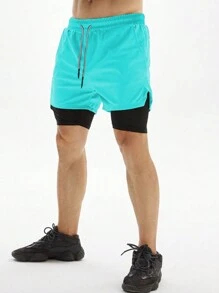 Manfinity Sport Corelite Pantalones cortos deportivos minimalistas de unicolor de estilo informal para hombre, para la escuela - Celeste - Ver 4