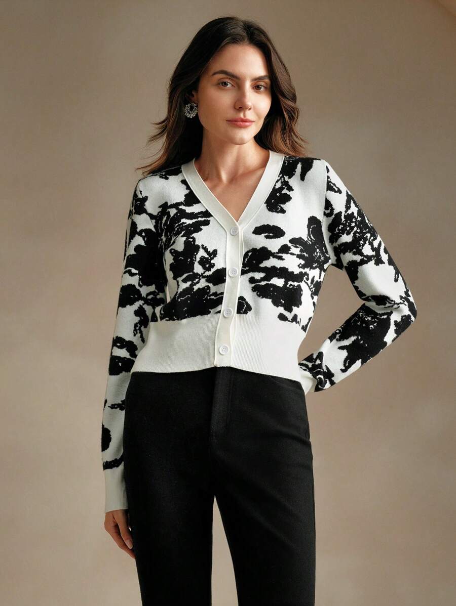 Anewsta Áo len dệt kim ngắn Jacquard - Xám - Xem 1