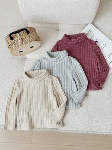 SHEIN 3 stks/set babymeisjes effen kleur gebreid shirt met hoge kraag en lange mouwen