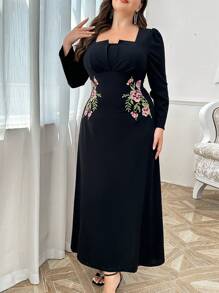 Modelyn Vestido de manga larga con cuello cuadrado, decoración de bordado de flores, para uso diario, para mujer talla grande. Vestidos largos para uso casual, de fiesta, boda o eventos de noche.