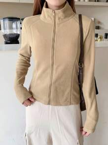 DAZY 女士纯色立领修身长袖拉链外套，秋季女装，保暖内衬 - 卡其色 - 查看 3