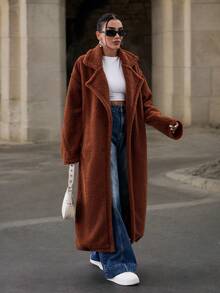 EURMUSE Women's Brown Long Teddy Jacket - Brown - View 5