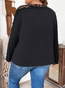 SHEIN LUNE Plus Size Women Black Spring And Summer Splicing Lace Long Sleeve Elegant T-Shirt