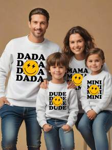 SHEIN 1pc Men's Basic Round Neck Sweatshirt With Fashionable Casual Smiling Face Expression, Letter Printed Design For Autumn & Winter - White - View 1