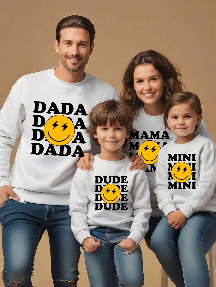 SHEIN 1pc Men's Basic Round Neck Sweatshirt With Fashionable Casual Smiling Face Expression, Letter Printed Design For Autumn & Winter - White - View 1