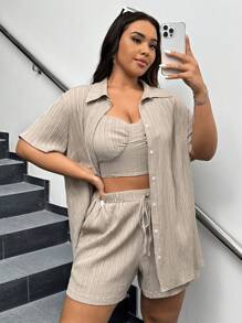 SHEIN EZwear Plus Size Áo Vest Màu Trơn + Hàng Trước Áo Sơ Mi Tay Ngắn + Thắt Nút Quần Short Bộ Ba Món Thường Ngày Mùa Hè - Màu be - Xem 1
