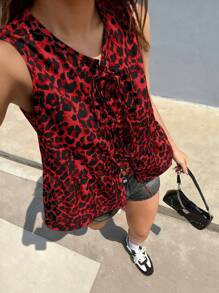 SHEIN EZwear 豹紋系帶前綁領飾底邊單排扣襯衫 - 紅色 - 查看 4