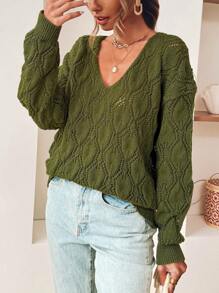 SHEIN VCAY Women's Solid Color Simple Everyday Knit Long Sleeve Sweater - Army Green - View 1