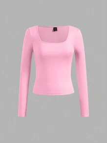 SHEIN EZwear 3 件装方领长袖休闲修身女式 T 恤，夏季 - 彩色 - 查看 10