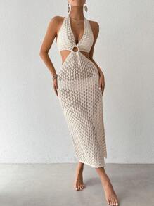 SHEIN Swim Solid Color Ring Decor Halter Backless Split Hem Sleeveless Dress Summer - Apricot - View 5