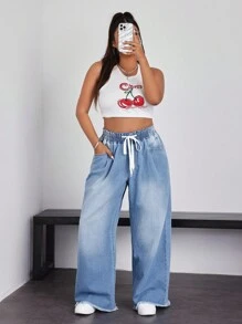 Quần jean ống rộng ống rộng, túi eo có dây rút cỡ lớn dành cho nữ - Màu xanh lam - Xem 6
