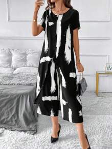 SHEIN Clasi 女式短袖不对称下摆开叉衬衫搭配阔腿裤，黑白笔触涂鸦图案，优雅的两件套适合春季、夏季、秋季 - 非常适合日常穿着、通勤、活动、教学等。 - 黑與白 - 查看 6