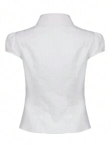 INAWLY 女士纯色简约领口短袖衬衫 - 白色 - 查看 2