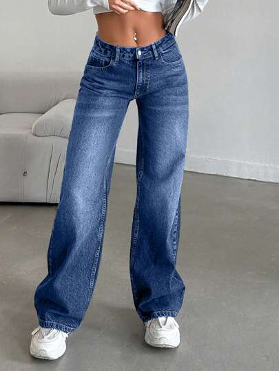 CasuGlow Damen Jeans mit Katzenbart-Waschung und geraden Beinen, stilvolle & lässige & vielseitige, Damen Knopf, Tasche, Reißverschluss ultra-tief sitzende gerade Beine lange blaue weite Regular Fit Damen Jeans, Frühling/Herbst, lässiger Alltagstragen