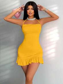 Zolique Women's Sexy Solid Color Ruffle Hem Backless Halter Dress, Summer