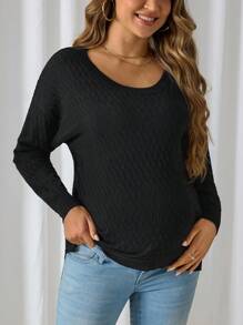 SHEIN Maternity Plain Simple Round Neck Long Sleeve Black Sweater, For Winter - Black - View 1