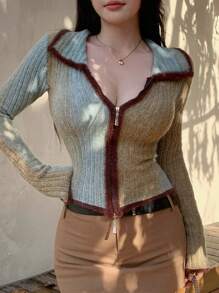 DAZY Áo len cardigan dệt kim chắp vá màu tương phản dành cho nữ, khối màu, quần áo mùa thu - Màu xanh Bạc hà - Xem 7