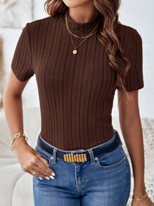 SHEIN Clasi Women's Solid Color Ribbed Crew Neck Short Sleeve T-Shirt - Coffee Brown - View 3