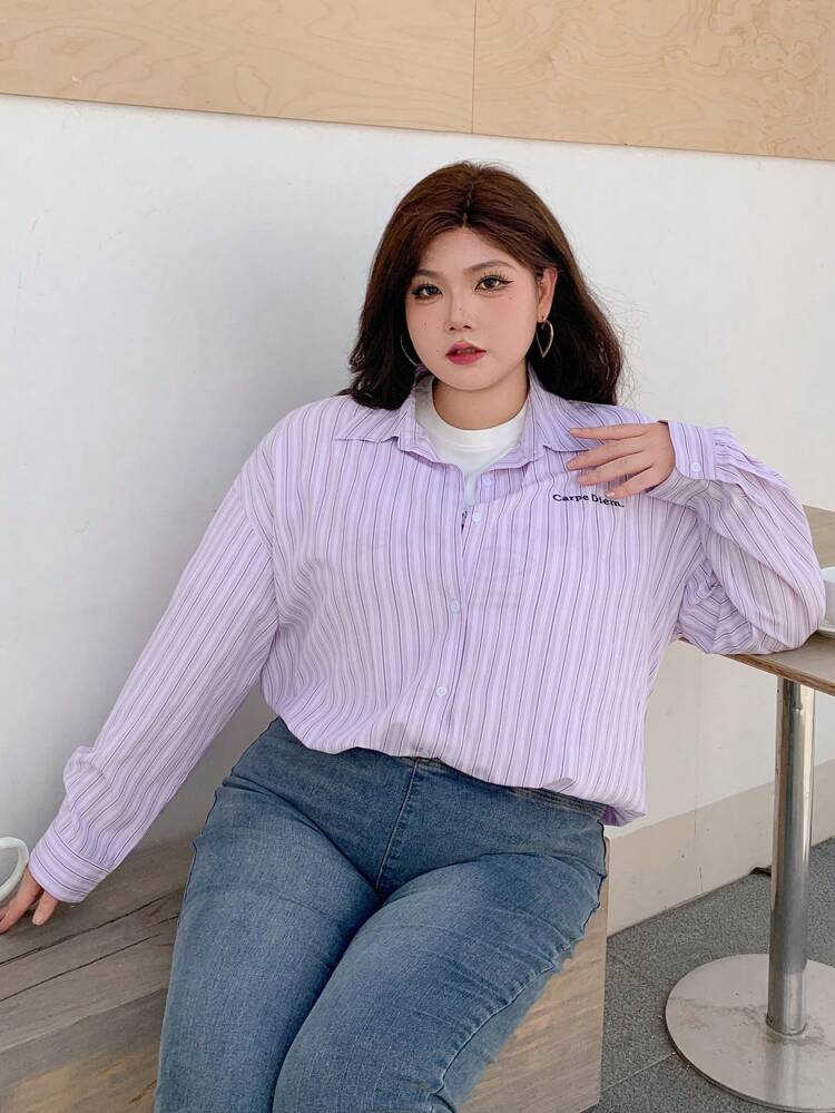Dazy Plus Plus Size Letter Embroidered Regular Striped Collared Long Sleeve Shirt,Fall Clothes