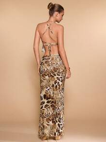 SHEIN BAE 2 chiếc áo crop top hở lưng hở lưng có họa tiết da báo gợi cảm & thanh lịch dành cho nữ & Bộ váy đuôi cá in họa tiết da báo dài, mùa hè - Nhiều màu - Xem 1