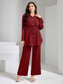 Graceveil 勃艮第红 2 件套女士纯色简约日常长袖上衣和裤子休闲通勤套装适中 - 酒紅色 - 查看 1