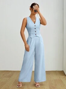 SHEIN PETITE 女士条纹两件套夏季马甲套装两件套 - 淺藍色 - 查看 7