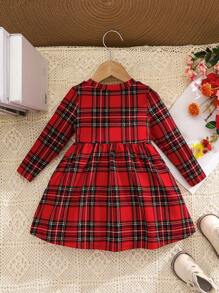 SHEIN Baby Girl Autumn Cute Collegiate Red Plaid Knit Elastic Long Sleeve Christmas Dress, Mommy And Me Matching Outfits (2 Pieces Sold Separately)