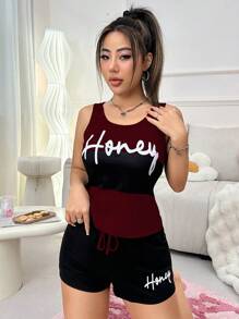 SHEIN 标语印花撞色圆领背心和短裤睡衣套装 - 酒紅色 - 查看 4