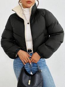 SHEIN Frenchy 女士拉链长袖时尚冬季防寒夹克 - 黑色 - 查看 4