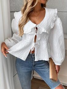 Chiquease Blusa oversize con colletto a fiocco e bottoni frontali in tessuto jacquard per donna - Bianco - Visualizzare 3