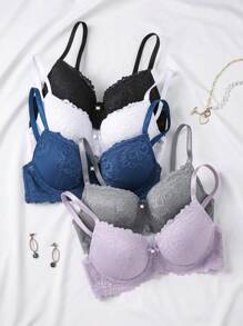Shein Underwear&Sleepwear Basics Set de 5 piezas de Sujetador acolchado de encaje romántico para uso diario, mejorar busto pequeño Lencería
