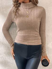 SHEIN Clasi 女士纯色长袖罗纹修身高领 T 恤 - 杏色 - 查看 7