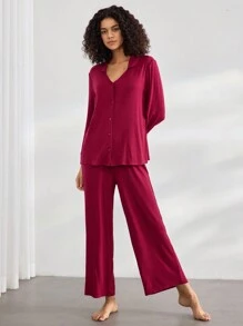 Ocili Conjunto de ropa de estar en casa de mujer de un solo pecho de unicolor con manga larga y pantalones holgados, conjunto de ropa cómoda para temporada de vacaciones, ropa de otoño e invierno - Burdeos - Ver 6