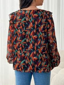 SHEIN Frenchy Blusa de manga larga con estampado floral sencillo para mujer talla grande, camisa de mujer de otoño, ropa de mujer de otoño, blusa elegante, camisa de otoño, camisa de manga larga, estampado de hojas, atuendo para citas para mujeres, atuendo para fiestas para mujeres - Multicolor - Ver 5