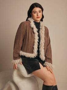 Elaquor Jachetă Fuzzy Patchwork de mărimi mari, toamnă/iarnă - Cămilă - Vizualizare 7