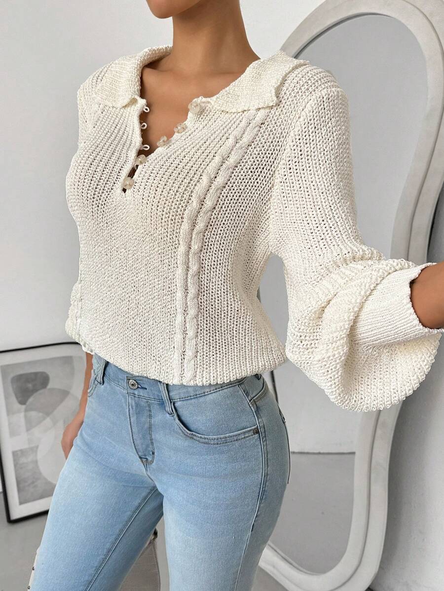 SHEIN LUNE Women's Casual Solid Color Long Sleeve Pullover Sweater, Spring/Autumn, Knit Pullover Fall Winter - Apricot - View 1