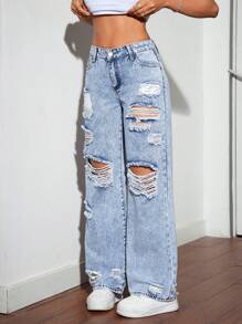 SHEIN Tall 女士宽松直筒破洞口袋牛仔裤 - 藍色 - 查看 4