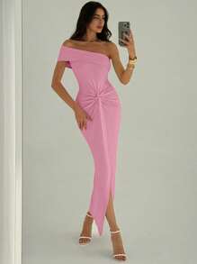 Aloruh Robe moulante à fente haute avec décor torsadé à la taille et épaules dénudées élégante - Rose bonbon - Voir 8