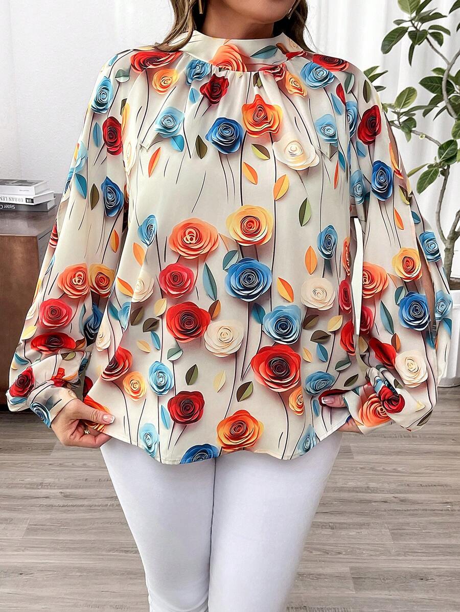 Flirla Plus Size Mock Neck Tie Back Floral Print Lantern Sleeve Blouse - Multicolor - View 1