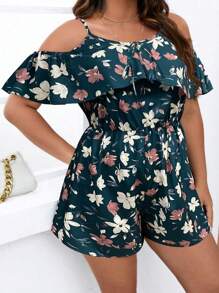 SHEIN Clasi Grote maten spaghettibandjes, rugloze, zelfbindende elegante jumpsuit met all-over print