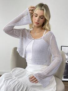 SHEIN Unity Hollow Out Knitted Cropped Casual Cardigan, Spring-Summer Fall Cloth For Women - Mauve Purple - View 5