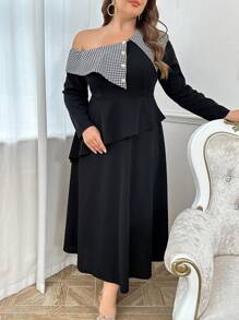 Modelyn Váy dài maxi dự tiệc sang trọng, họa tiết kẻ caro, cổ bất đối xứng, mùa xuân và mùa thu - màu đen - Xem 1