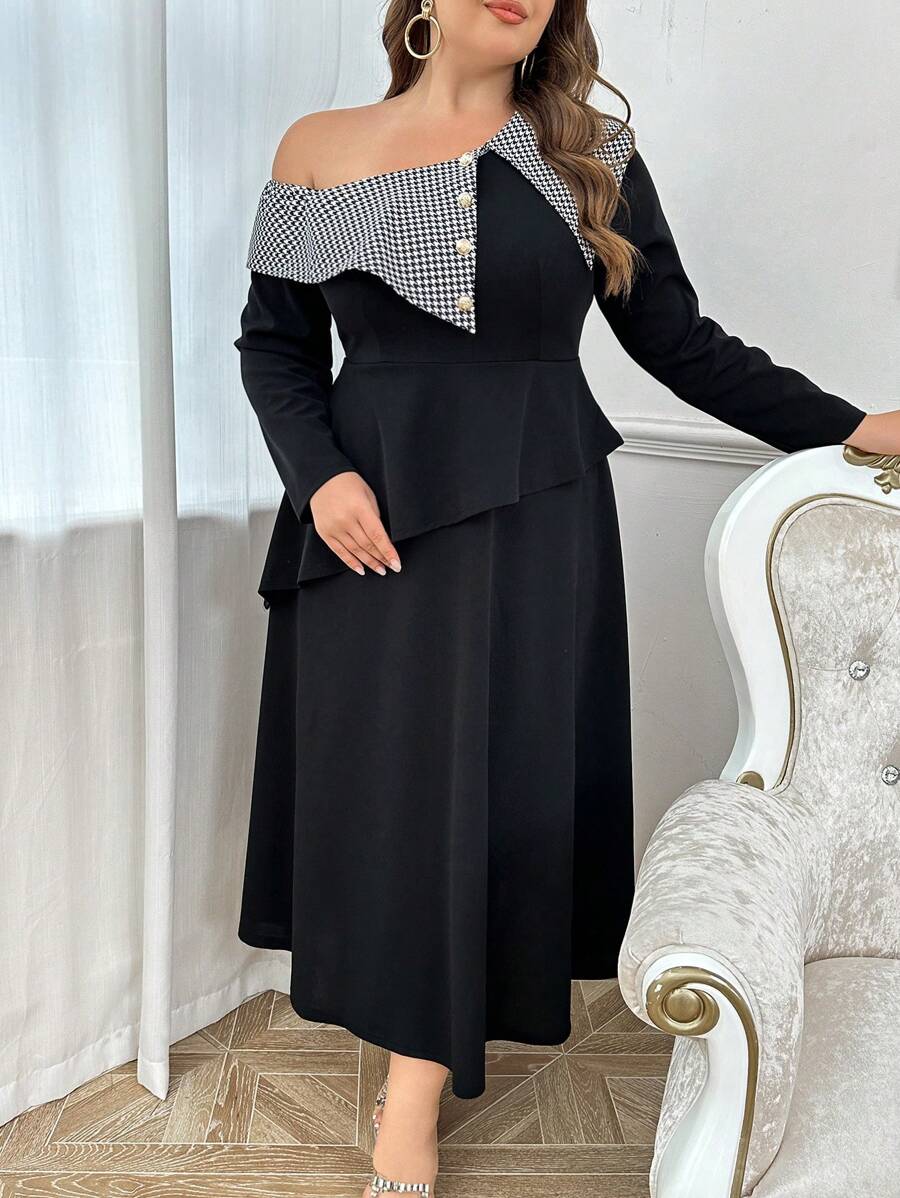 Modelyn Váy dài maxi dự tiệc sang trọng, họa tiết kẻ caro, cổ bất đối xứng, mùa xuân và mùa thu - màu đen - Xem 1