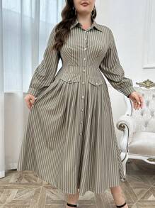 Modelyn Plus Size Button-Up Long Sleeve Striped Floral Elegant Dress, Maxi Dresses For Casual Daily/Holiday/Wedding Party/Evening